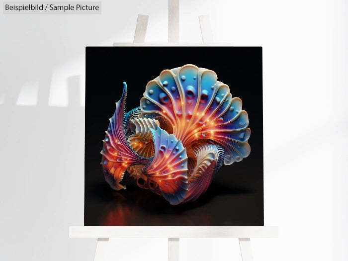 Futuristic, colorful abstract sculpture resembling a sea shell with intricate, glowing patterns on an easel.