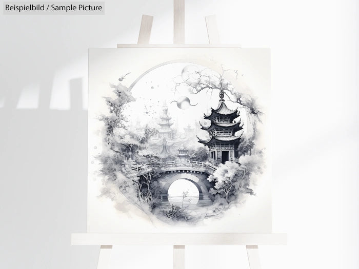 Monochrome painting of a traditional Asian pagoda with arch bridge on an easel.