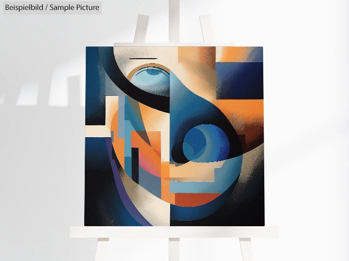 Abstract painting with geometric shapes in blue, orange, and beige on an easel, suggesting a stylized face.