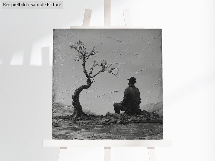 Black and white artwork of a man in a hat sitting by a twisted, leafless tree on an easel.