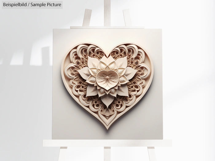 Intricate heart-shaped paper art with floral design on display easel.