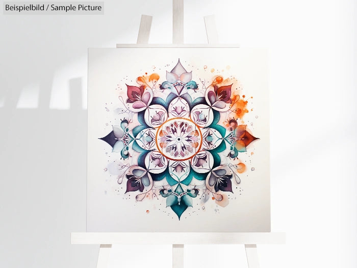 Colorful mandala artwork on canvas with floral and geometric patterns, displayed on an easel.