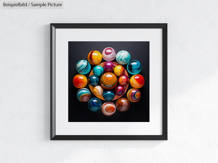 Wall art of colorful glass marbles in black square frame, set against a white wall.