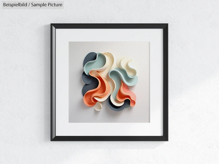 Framed abstract art with layered swooping shapes in blue, orange, and cream on a light wall.