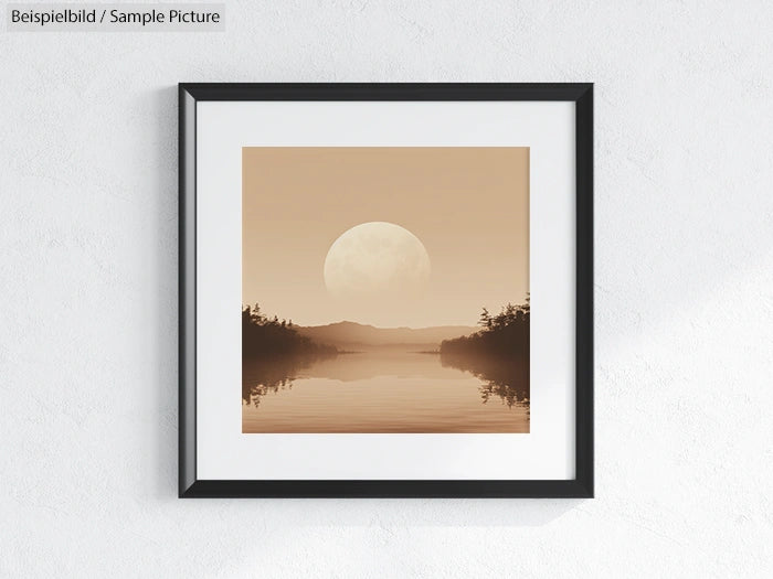 Framed sepia-toned landscape with a full moon over a lake, flanked by tree-lined shores.