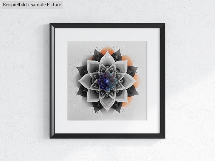 Framed geometric art with layered flower petals in monochrome and blue on a white background.