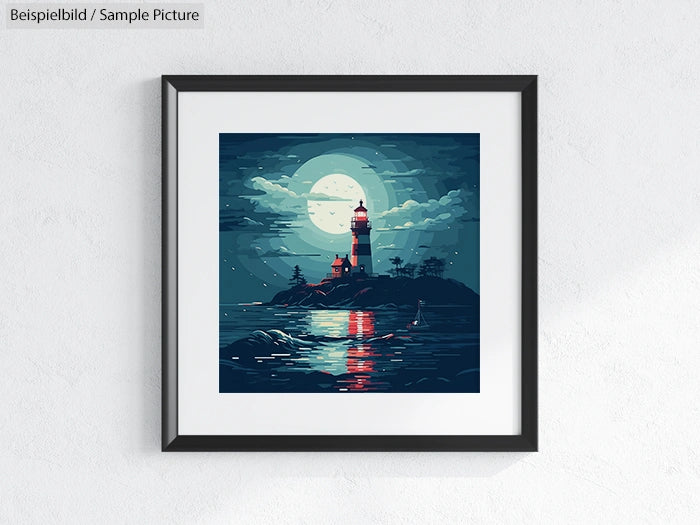 Framed painting of a lighthouse on an island at night, with a full moon reflecting on the sea.