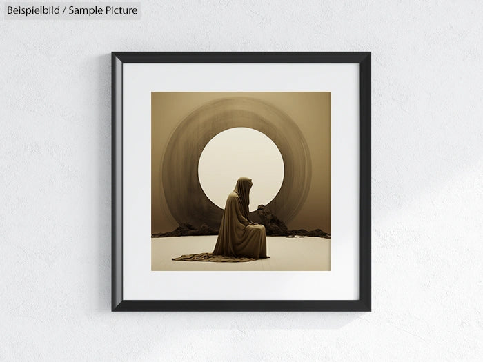 Framed artwork of a hooded figure sitting in front of a large circular structure in a monochrome setting.