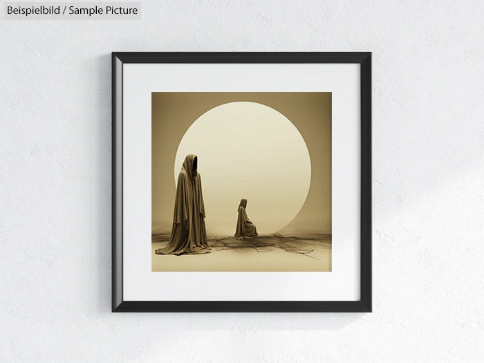 Framed artwork of two hooded figures before a large, glowing circle on a minimalist backdrop.