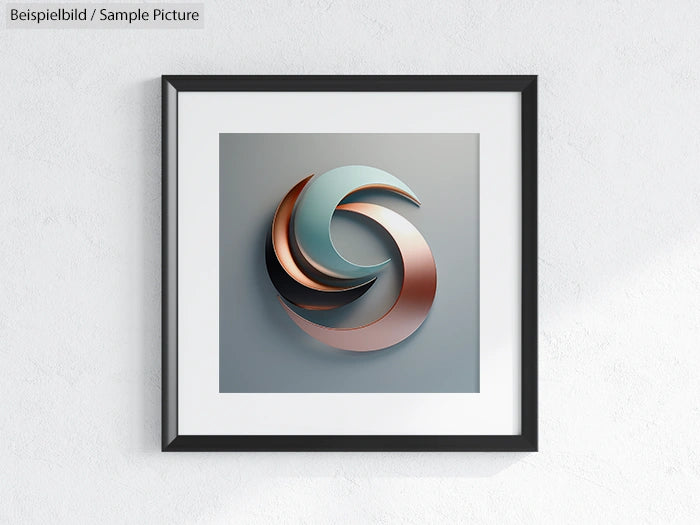 Framed abstract artwork with interlocking teal and copper metallic curves on a gray background.