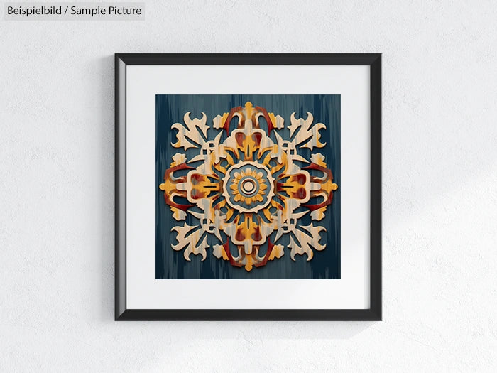 Framed geometric mandala artwork in blue, orange, and beige tones on a white wall.