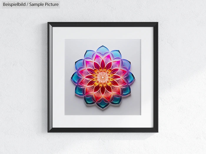 Framed colorful mandala art print with vibrant geometric floral pattern on display against a white wall.