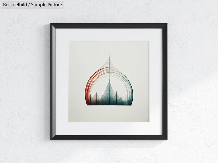 Framed abstract art with geometric shapes in red and teal on a light background, hanging on a white wall.