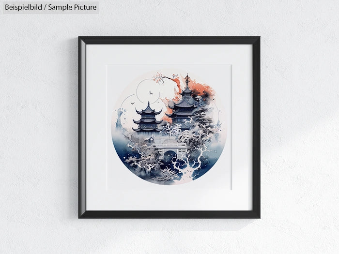 Framed watercolor painting of traditional Asian pagodas with a background of abstract blue and orange hues.