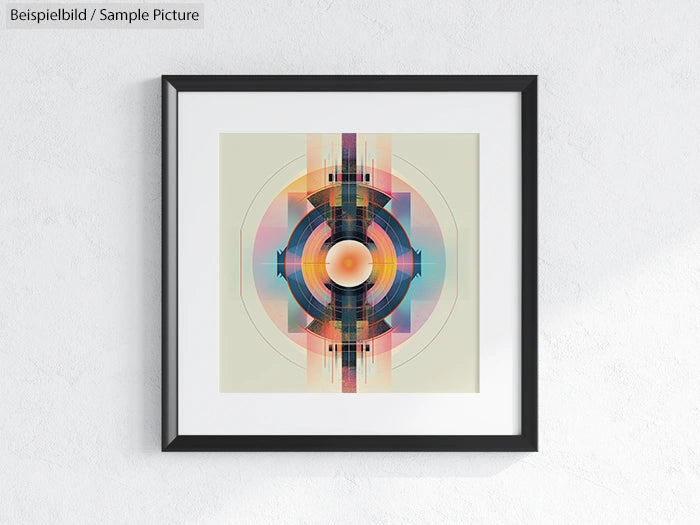 Framed geometric abstract art with concentric circles and vibrant colors on a textured wall background.