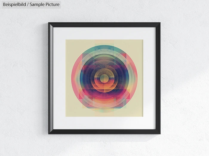 Colorful geometric circular artwork in a black frame on a white wall.