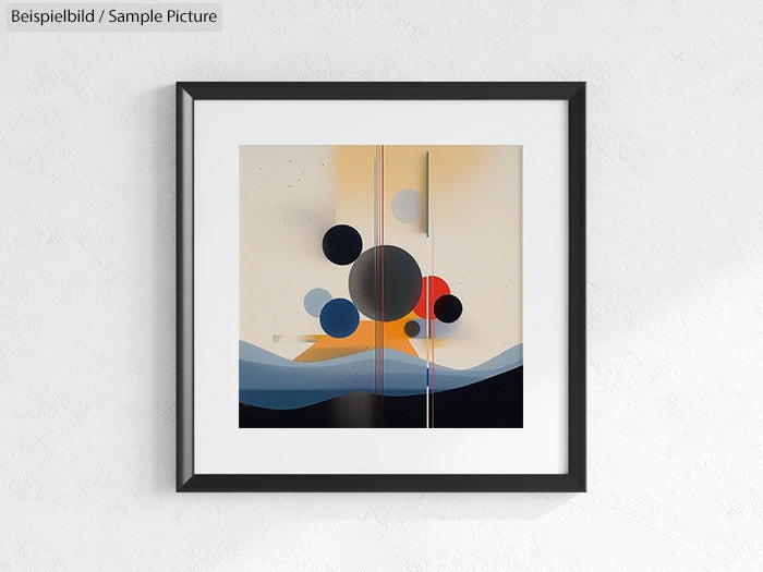 Framed abstract art with circles and waves, featuring blue, black, and orange on a beige background.