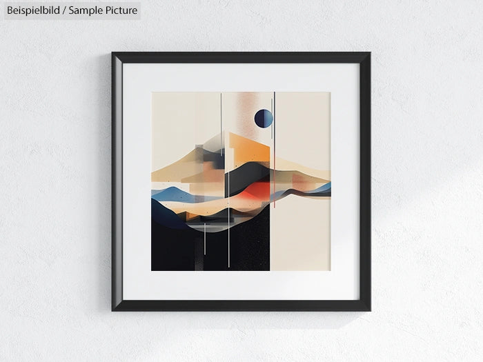 Abstract landscape painting with geometric shapes in earth tones, framed and hung on a light wall.