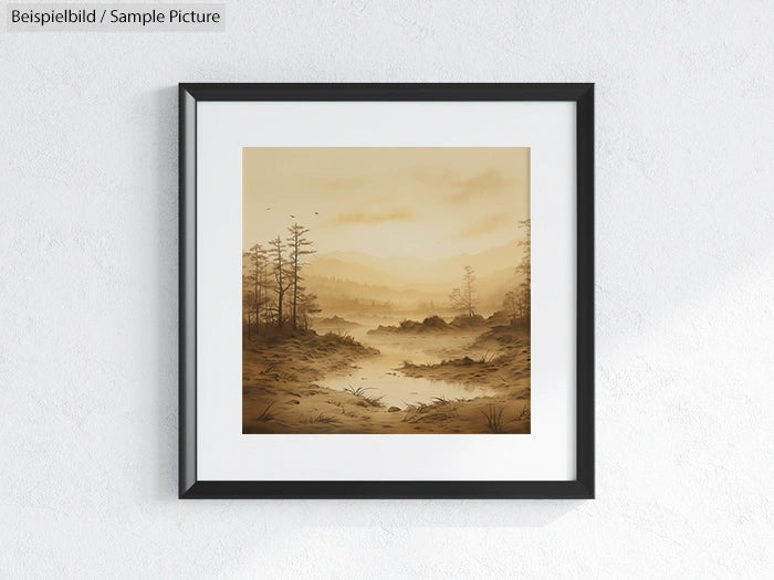 Framed sepia-toned landscape painting with trees and mountains on a neutral wall.