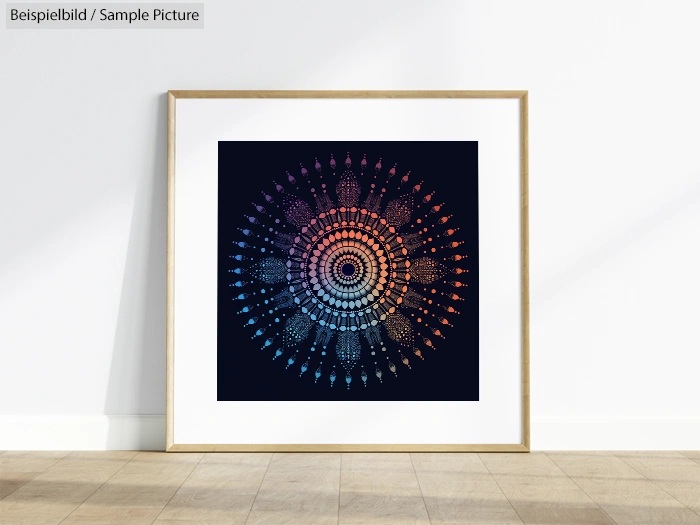 Framed geometric mandala art with a spectrum of colors displayed in a minimal white room.