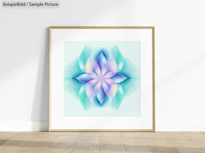 Framed flower mandala artwork with pastel blue and purple hues on a white wall and wooden floor background.