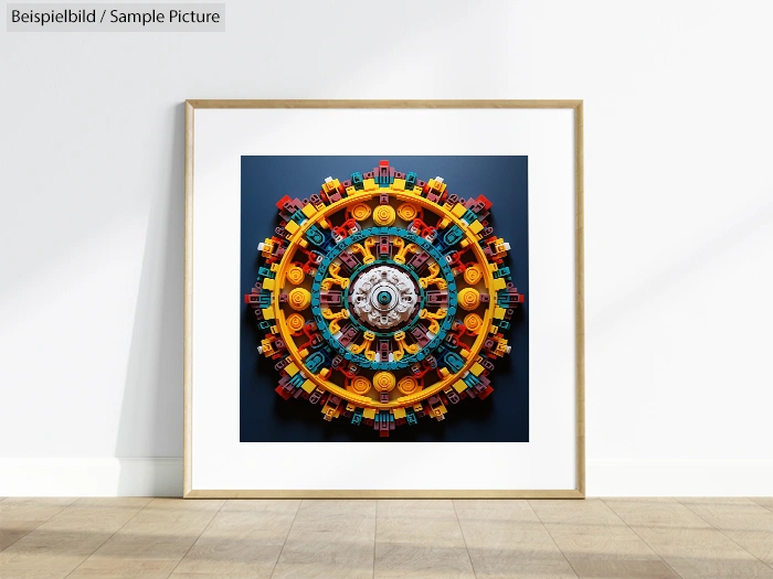 Framed geometric mandala art with colorful radial design on display.