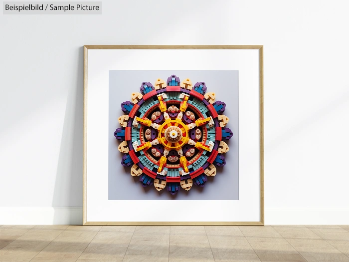 Framed intricate circular mandala artwork made with colorful Lego pieces displayed on a white wall.