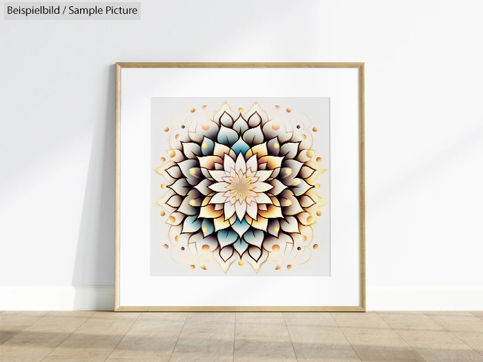 Framed mandala art print on white wall, featuring intricate geometric floral patterns with soft colors.