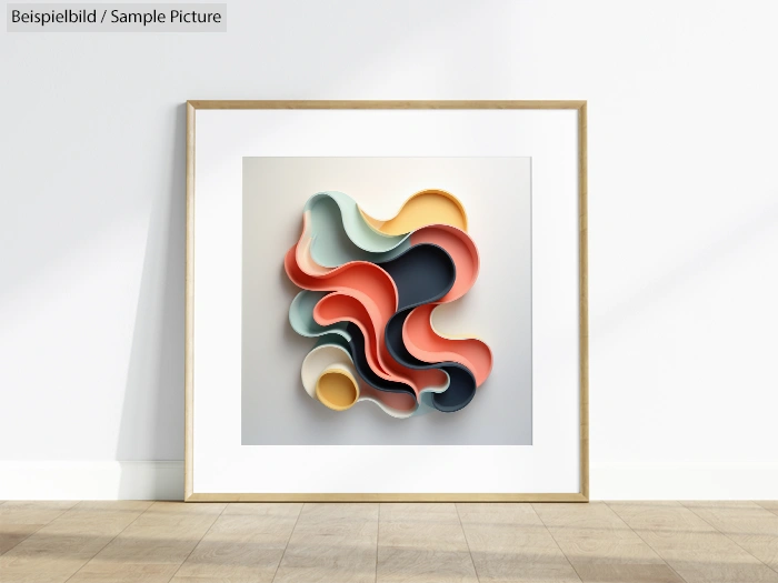 Abstract 3D wall art with multicolored flowing shapes in a white frame on a wooden floor.