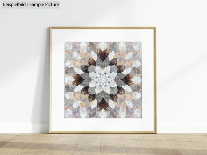 Framed geometric mandala artwork with earthy tones on a white gallery wall.