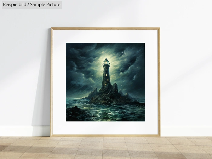 Framed painting of a lighthouse on rocky cliffs in a stormy sea, with dramatic clouds and a light beam piercing the dark sky.