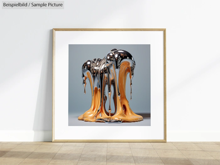 Framed abstract artwork featuring metallic and orange liquid-like forms, on display against a plain white wall.