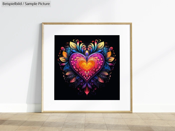 Framed artwork of a colorful, ornate heart on a black background, displayed on a wooden floor against a white wall.