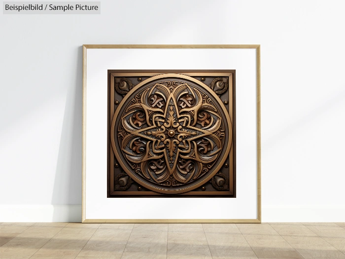 Ornate circular wooden carving in a gold frame displayed against a white wall.