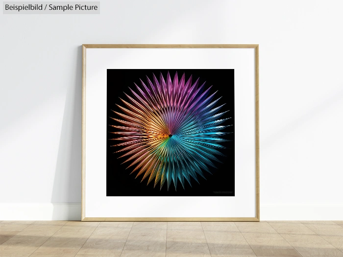 Framed abstract art print with vibrant radial spikes in colors of blue, purple, and orange on a black background.