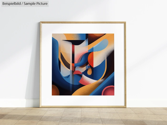 Framed abstract painting with colorful geometric shapes on a white wall.