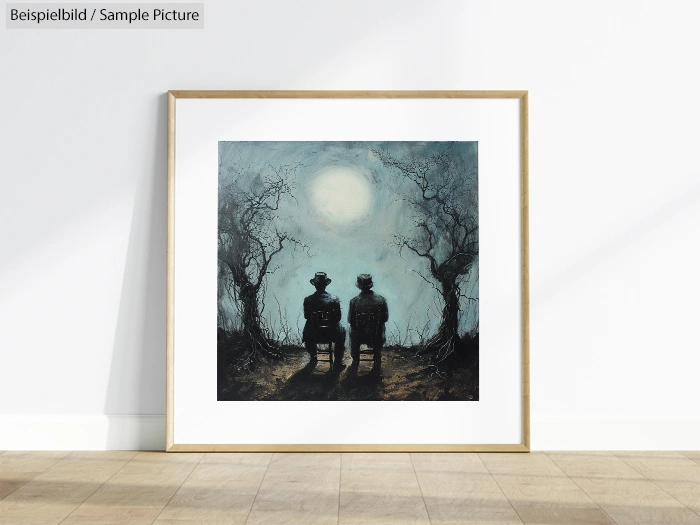 Framed artwork of two figures in silhouette beneath a full moon, with barren trees on either side, on a wooden floor.