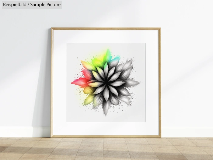 Framed abstract artwork with monochrome petals and colorful accents on a white wall.