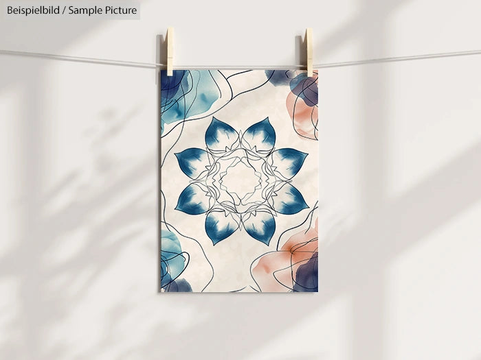 Abstract floral artwork with blue and orange tones, hanging on a twine against a light background with shadow.