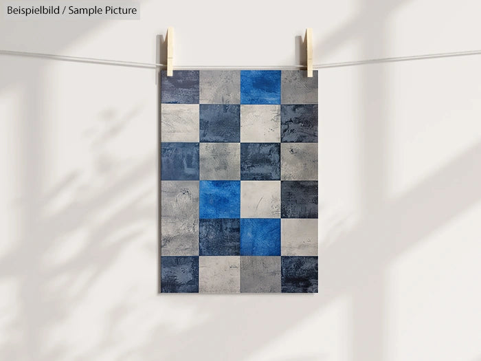 Grid of abstract blue and gray squares hanging on a line with shadows on a white wall.