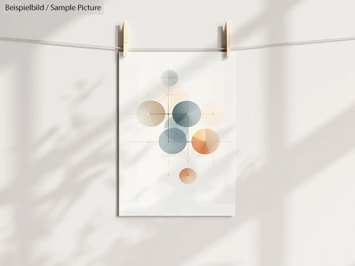 Minimalist abstract art print with overlapping circles in neutral tones, clipped to a line against a shadowy background.