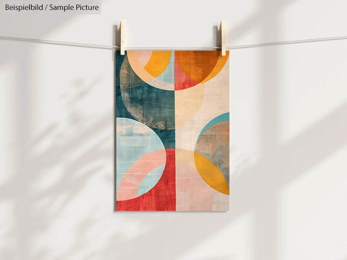 Abstract artwork with overlapping colorful circles in blue, red, yellow, and orange, hung on a string with clothespins.