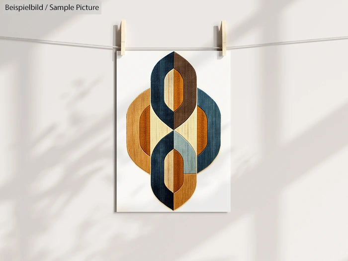 Abstract geometric artwork in blue, orange, and beige tones with intertwined loops, hung on a line with clothespins.