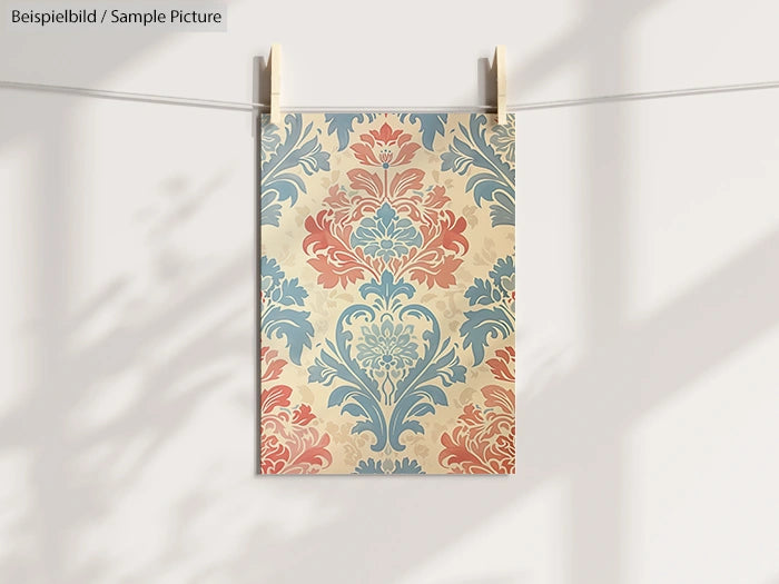 Ornate floral pattern on paper, hung between wooden clips, featuring blue and red stylized leaves on a cream background.