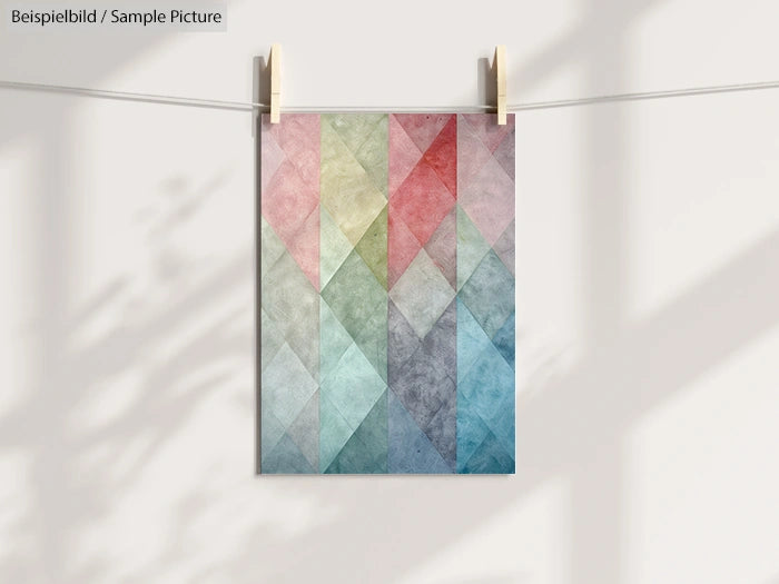 Colorful geometric poster with a diamond pattern hanging from a string, casting shadows on a light background.