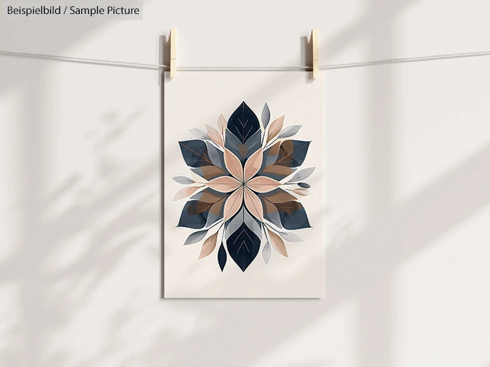 Geometric floral artwork in blue and beige shades clipped to a string with wooden clothespins against a light backdrop.