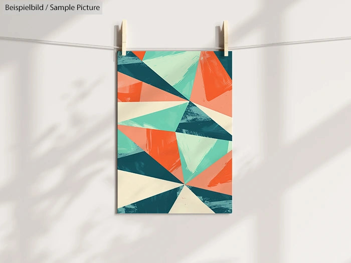 Colorful geometric abstract poster with triangles in blues, oranges, and creams hanging on a line with soft shadows.