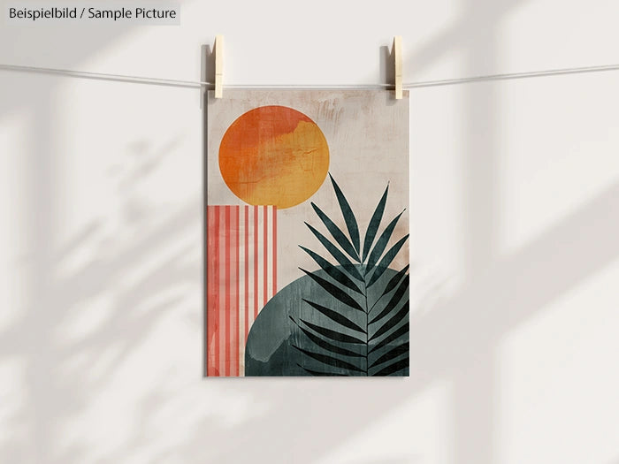 Abstract artwork with an orange sun, pink stripes, and dark green leaves hanging on a line.