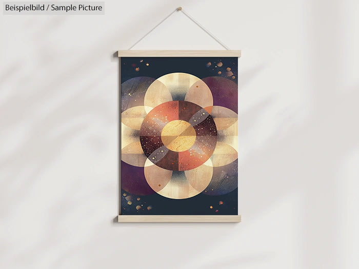 Geometric mandala artwork with overlapping circles in earthy tones, hanging on a white wall.