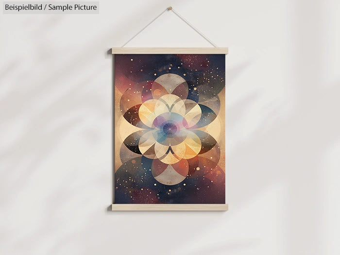 Abstract geometric artwork with layered circles and stars, in warm tones, hanging on a minimalist wall.